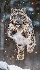 Obraz premium Majestic Snow Leopard Leaping with Grace - Powerful Feline in Action