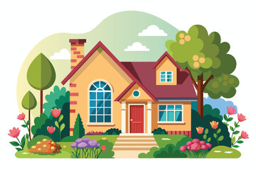 Front view of house with natural elements on white background illustration with beautiful flowers in front of house.