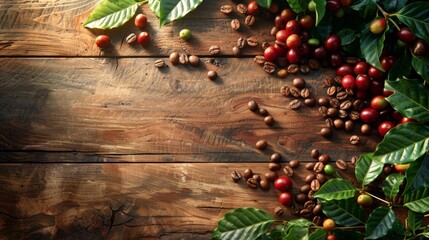 coffee farming promotion, coffee beans and leaves displayed on a wooden table, ideal for promoting a coffee plantation with a banner for copy space