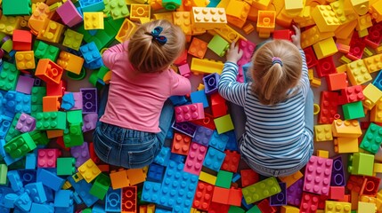 Children playing with colorful building blocks, Creative playtime, Imagination and creativity, Educational fun