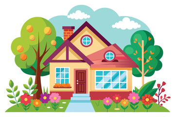 Front view of house with natural elements on white background illustration with beautiful flowers in front of house.