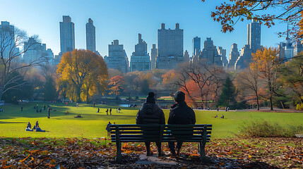 couple enjoying a bench in Central Park New York with trees and skyscrapers visible under a clear blue sky