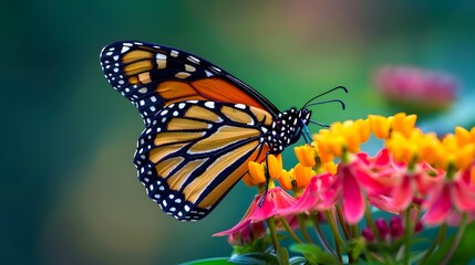 Fototapeta premium Monarch Butterflys Intricate Beauty Revealed in Vibrant Flower Macro