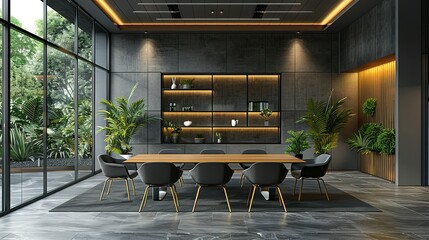Elegant Office Meeting Room Interior with Table, Chairs, and Shelf