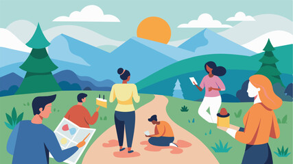 A community mindfulness painting project takes place on a hiking trail as individuals incorporate elements of their natural surroundings into their artwork connecting with the. Vector illustration