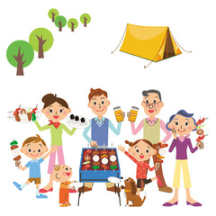 三世代家族がキャンプを休日を楽しんでいる