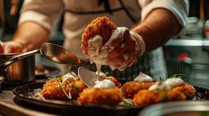 Preparing a tasty meal at a restaurant Chef topping fried cutlets with sour cream