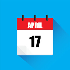 April seventeenth calendar. Red white vector. Blue background icon. Long shadow illustration.