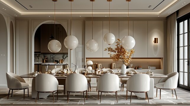 A modern dining room with minimalist design, neutral colors, and high-end Minotti furnishings