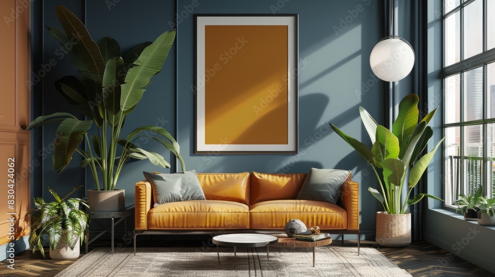 Wall mural mock up poster frame in modern interior background, interior space, living room, contemporary style,