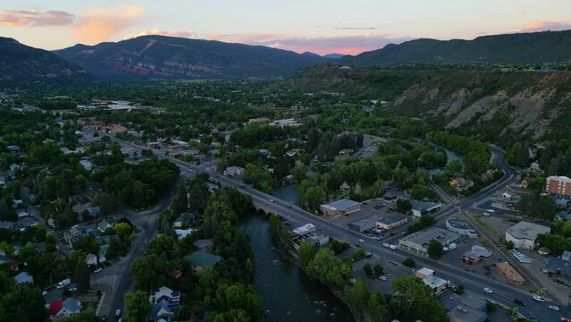 Aerial sunset view of the city - Beautiful City of Durango, Drone View, Durango, Colorado