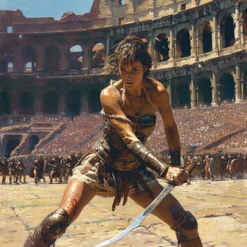 Gladiator in coliseum: fierce warrior in iconic roman arena, epitome of ancient combat, historical spectacle in majestic rome, dramatic portrayal of bravery and valor