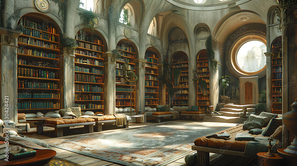 Wall mural mystical library where Thoth's stories are recorded in scrolls and books of ancient wisdom - Wall murals