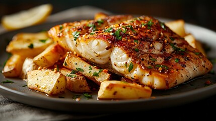 roasted fish steak and french fries on modern plate