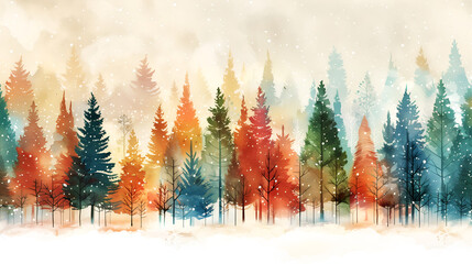 Naklejka premium watercolor of A forest made up entirely of different types and sizes of pine trees, with the colors being a mix of greens, blues, reds, oranges, and yellows
