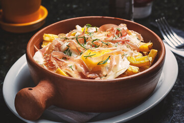 Crispy fries with fried eggs and prosciutto.