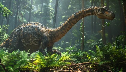 A majestic Brachiosaurus standing tall in a lush Jurassic forest, reaching for leaves with its long neck against a backdrop of towering ferns