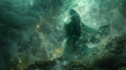 sorcerer casting spells using the knowledge from the Emerald Tablets in a mystical forest