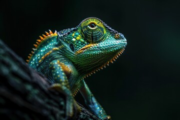 Fototapeta premium Chameleon resting on tree branch with eyes closed and head turned, nature wildlife closeup photography