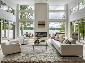 Modern living room with a fireplace and large windows overlooking a lake in a white color, with a light wood floor, sofa, armchairs, and a glass coffee table on a shaggy rug