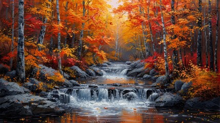 Fototapeta premium nature oil painting, a beautiful oil painting depicts a peaceful stream meandering through a colorful autumn forest, showcasing natures allure with intricate details