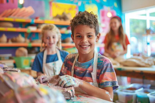 Children joyfully making paper mache sculptures in a colorful classroom