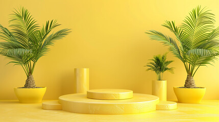 Obraz premium yellow podium nd niche palm trees leaves tropical on yellow background