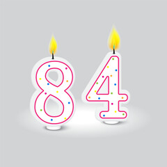 Number eighty four. Birthday candle vector. Colorful polka dots. Grey background illustration.
