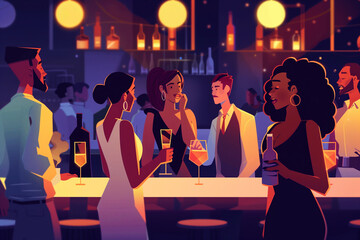 Group of friends man and woman enjoy relax hang out dinner and listen to music together after work. Eating and drinking alcohol.