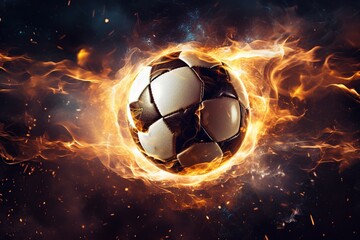 A soccer ball is on fire and is surrounded by golden electrical sparks