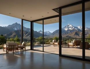 Fototapeta premium Frameless sliding glass door opening to a picturesque patio with a scenic mountain view.