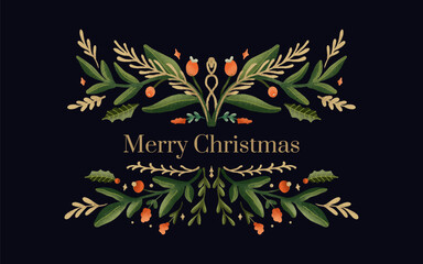 Holiday greetings banner with Christmas garland, winter plant. trendy vintage style.