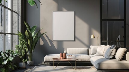 Frame mockup single vertical ISO A paper size reflective glass mockup poster on the wall of living room Interior mockup Apartment background Modern interior design 3D render 26052024Mlap