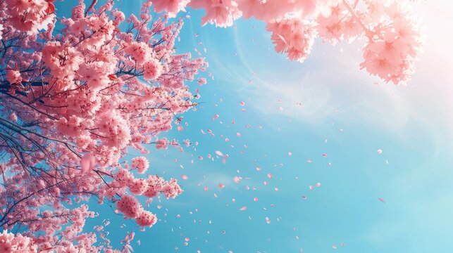 Cherry blossoms blooming against a backdrop of clear blue sky