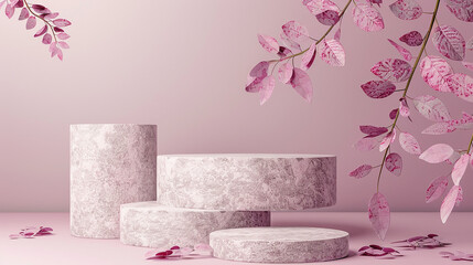 pink stone product display podium with pink leaves on pink background