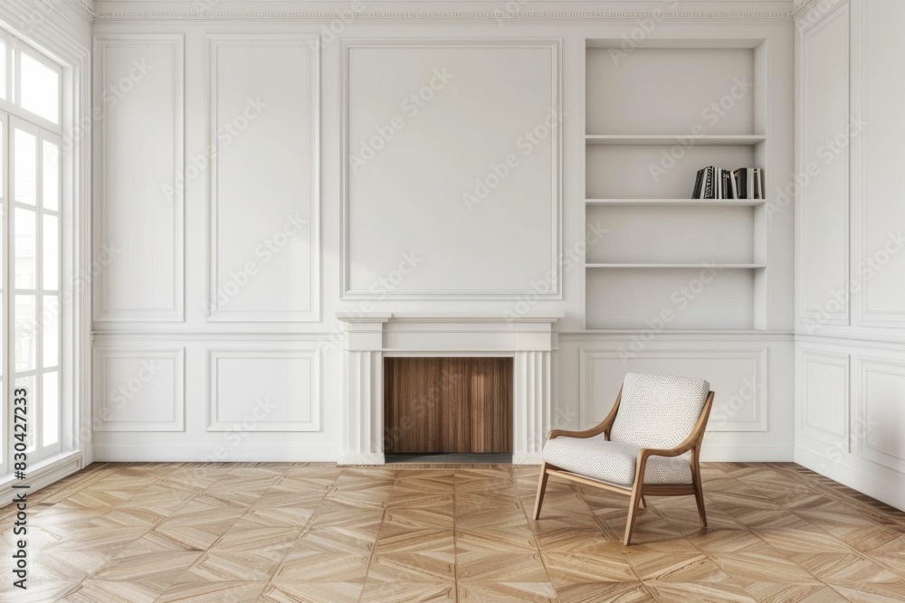 Poster empty room with white walls and chair in front of bookshelf in minimalistic style for home interior 