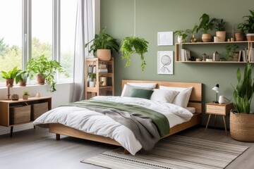 bright and cozy bedroom interior design with contemporary decor and interior plants, soft warm pastel tones