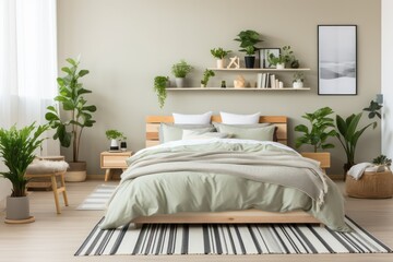bright and cozy bedroom interior design with contemporary decor and interior plants, soft warm pastel tones