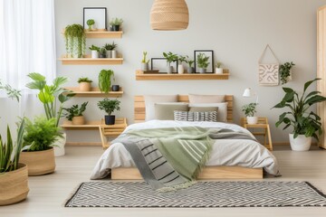 bright and cozy bedroom interior design with contemporary decor and interior plants, soft warm pastel tones