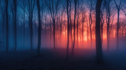 Fototapeta premium A blurry forest scene with trees and a sunset in the background, A wide angle long exposure photograph of forest with fog is silky smooth
