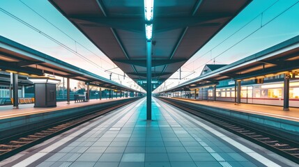 A wide angle long exposure photograph of An empty train station, waiting for the arrival of the next train