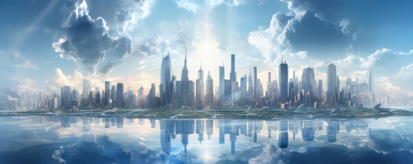 futuristic metropolis cityscape with glass tall buildings and excellent natural light and shinny water