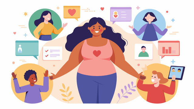 A virtual forum filled with inspirational quotes and stories about selflove and body acceptance fostering a welcoming and supportive body positive community.. Vector illustration