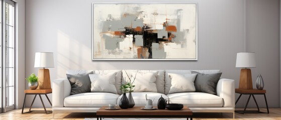 modern and sophisticated minimal interior design of a living room with contemporary art on the wall