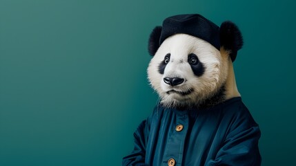 Fashionable Panda in Stylish Midnight Blue Romper and Onyx Beret Gazing Ahead Against Emerald Green...