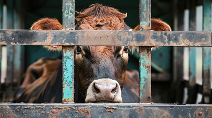 Cow seen peering out from within bars of truck during transportation