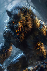 Naklejka premium Fearsome Half-Man,Half-Wolf Hybrid Creature in Dynamic Action Pose with Glowing Eyes and Razor-Sharp Claws