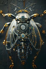 Fototapeta premium Futuristic Mechanical Insect with Intricate Metallic Plates and Gears:An Intricately Detailed 3D Rendering Inspired by Biopunk and Steampunk