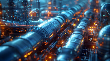 Futuristic Industrial Power Plant with Intricate Steel Pipelines and Retrofuturistic Manufacturing Concepts