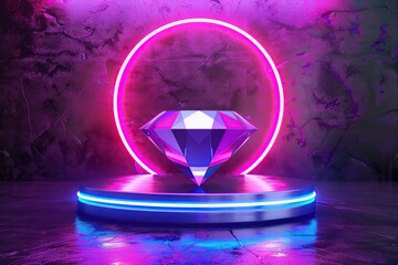 Golden diamond pedestal podium in the neon lights pink room.showcase, product, promotion sale, banner, presentation. 3D rendering